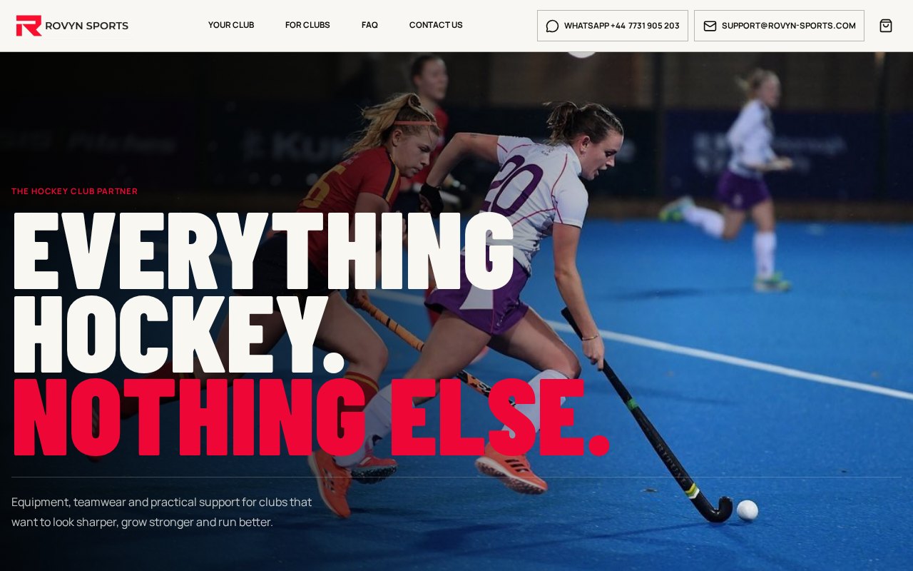 The Rovyn Sports website built by Rovyn Studios, showing the hockey action hero image with the headline Everything Hockey. Nothing Else.