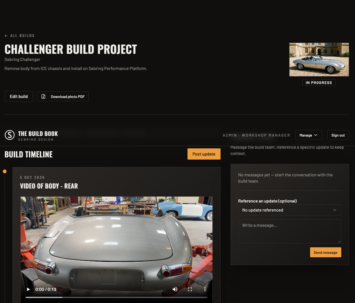 The Build Book customer portal built by Rovyn Studios for Sebring Vehicle Design, showing a vehicle build timeline with photo and video updates and a messaging panel for the build team