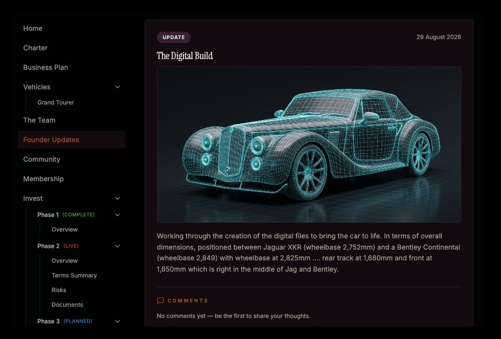 The Unnamed Motor Company members portal built by Rovyn Studios, showing navigation for charter, business plan, vehicles, founder updates and investment phases beside a build update with a CAD wireframe of the Grand Tourer