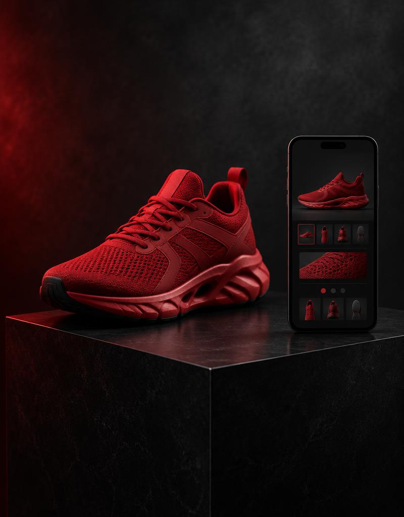 Illustrative ecommerce experience featuring a sports product and mobile storefront