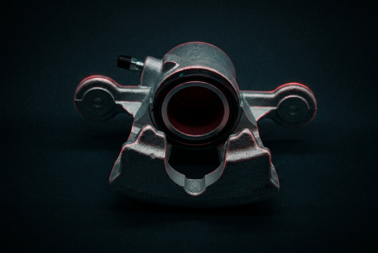BMW brake caliper in cinematic darkroom lighting